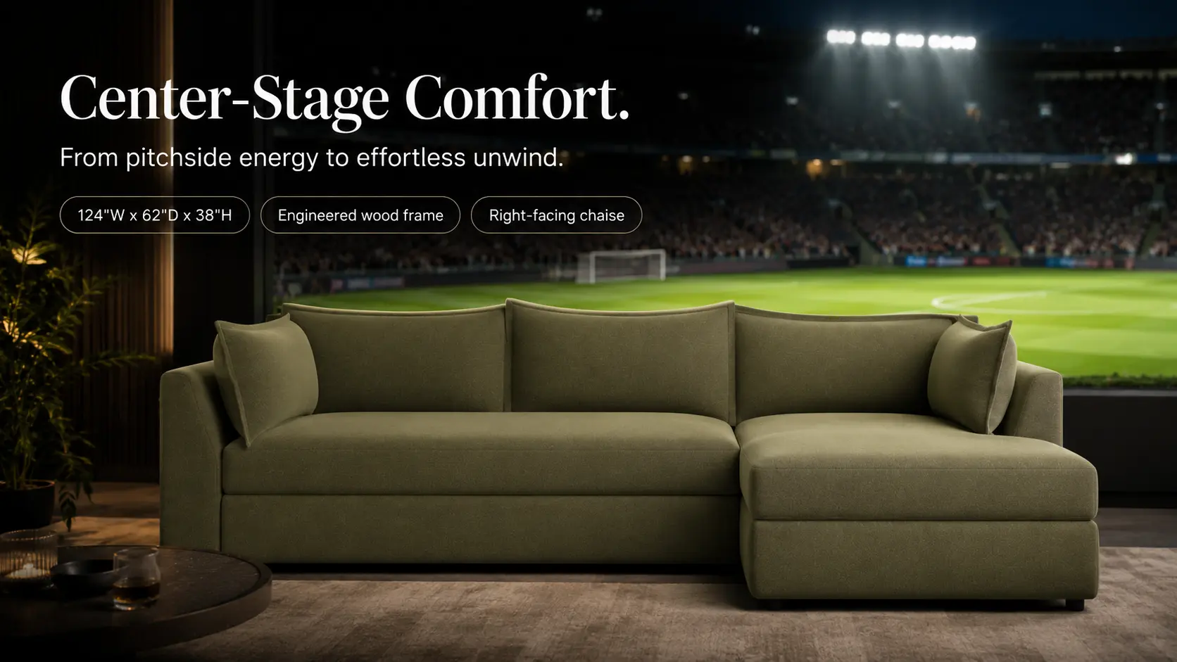 Wilder Sleeper Sectional in a pitchside suite at a night match