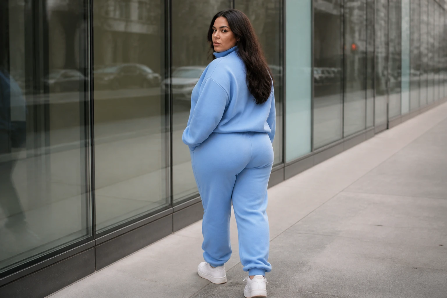 Model in a blue quarter-zip set walking past a glass city facade