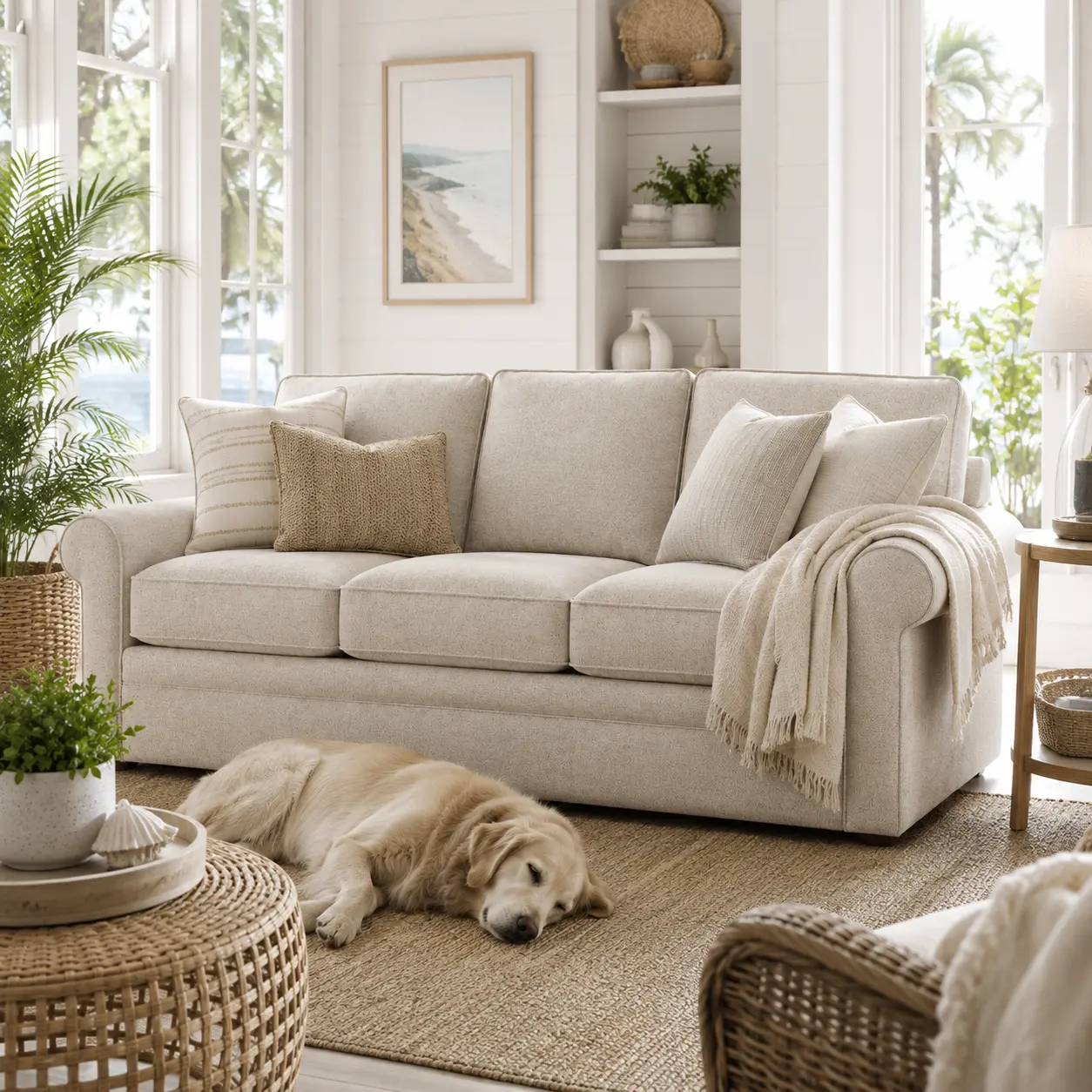 Collins sofa in a coastal sunroom with jute rug, palms and a sleeping golden retriever