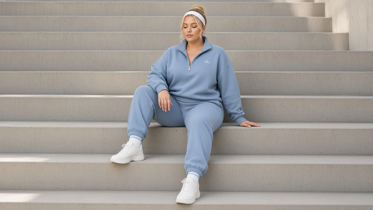Model in a blue quarter-zip set seated on concrete steps