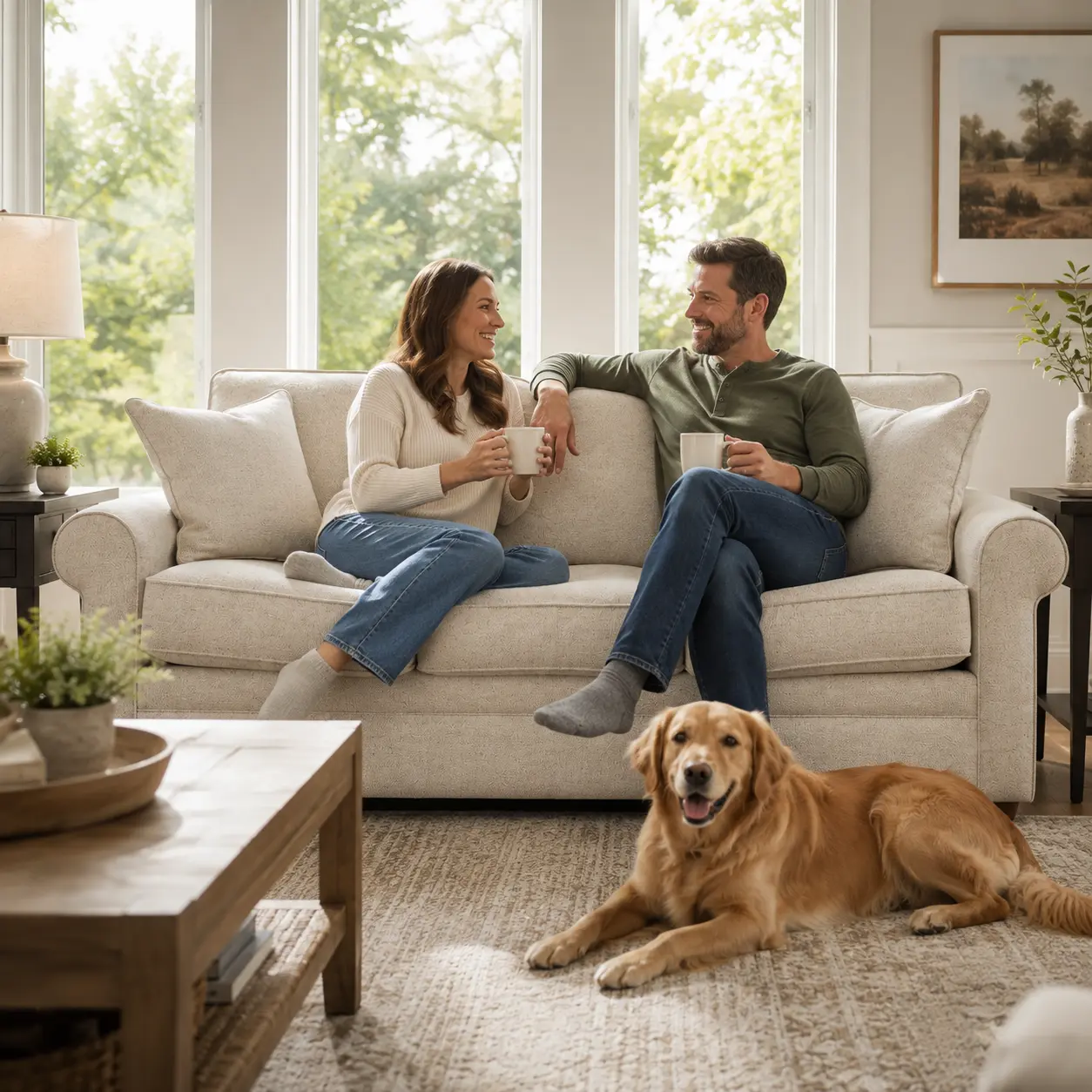 Couple with mugs on the Collins sofa with a golden retriever on the rug