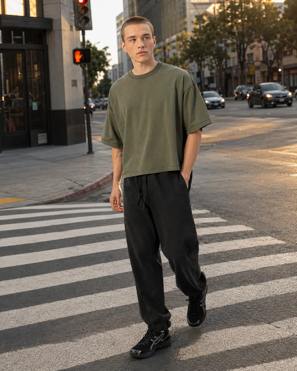 Man in an olive baggy crop tee crossing a city street at golden hour