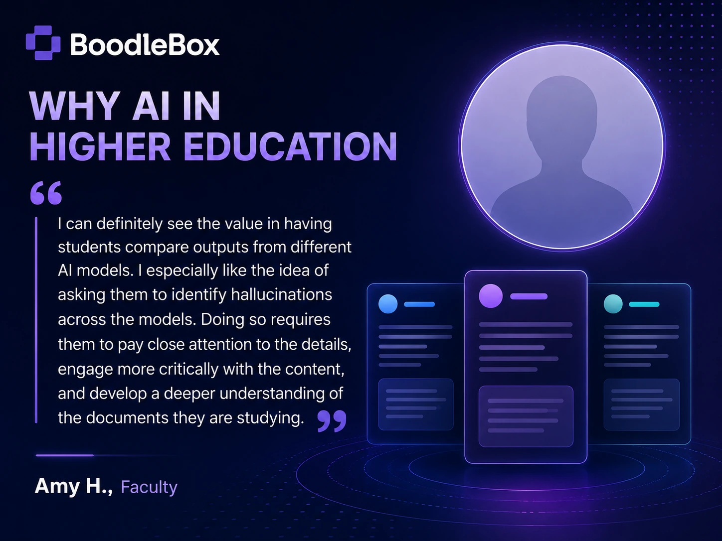 Dark widescreen card quoting faculty on comparing AI model outputs side by side