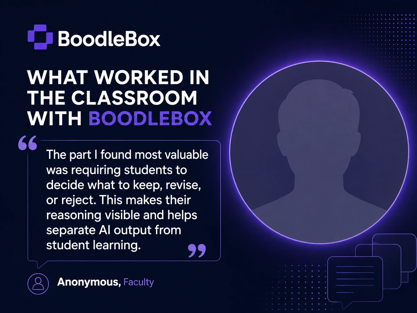 Dark widescreen card quoting faculty on students deciding what to keep, revise or reject