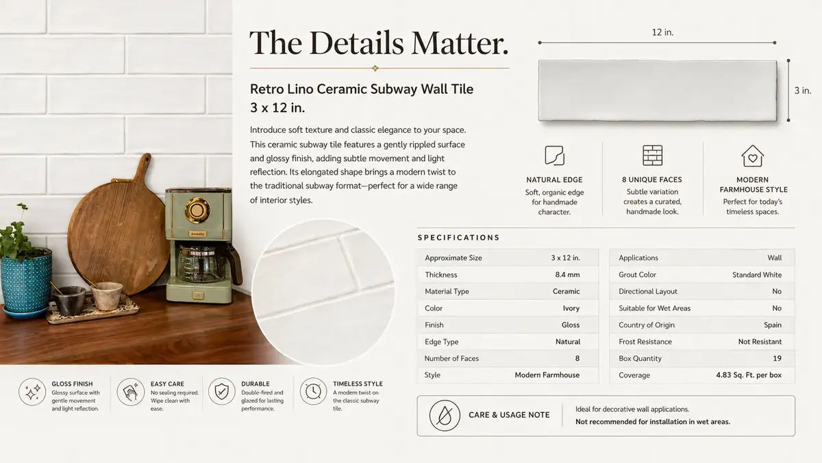 Retro Lino dimensional callouts and full specification table