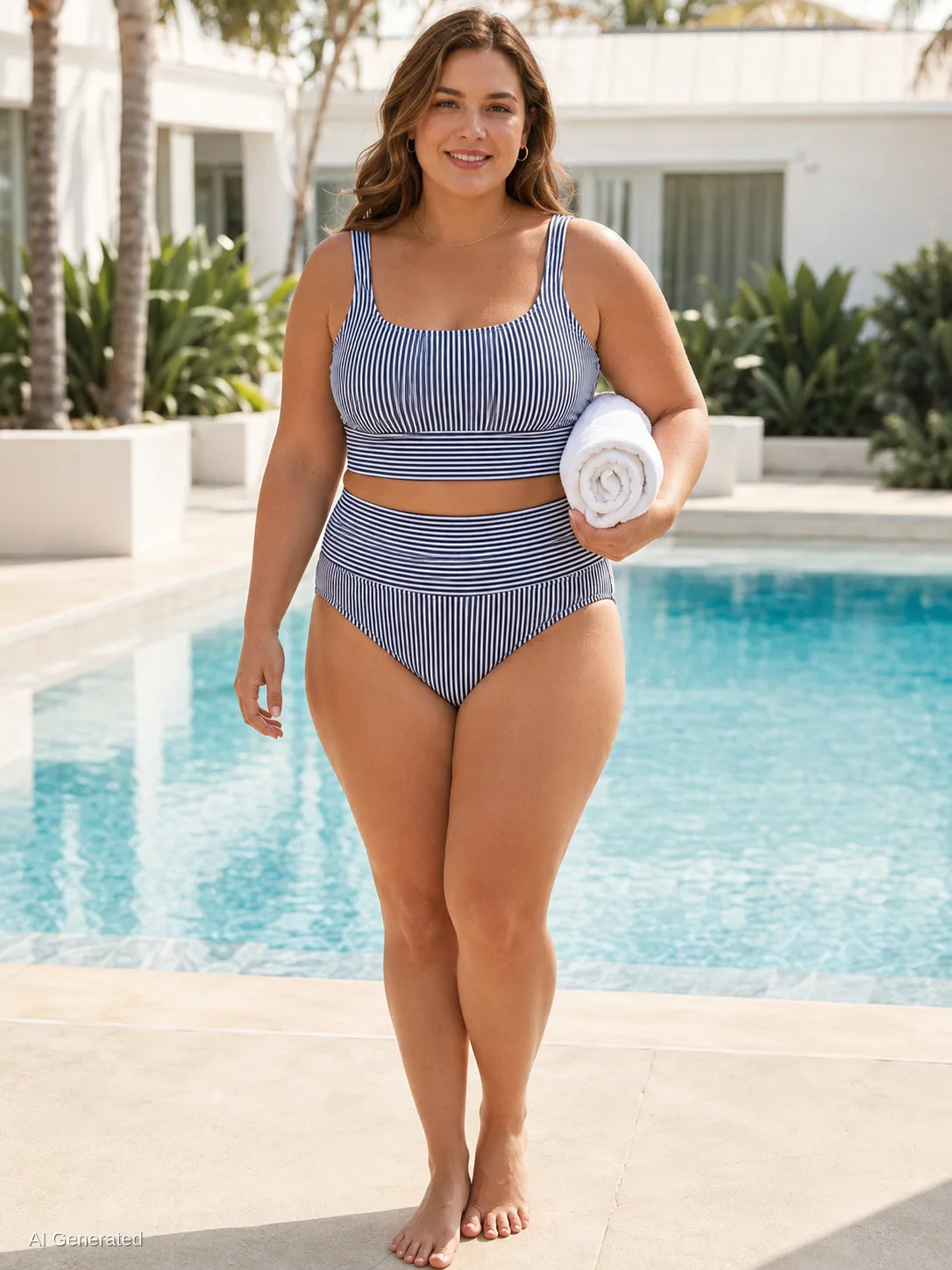 AI generated image: model walking poolside holding a rolled white towel in a navy striped swim set