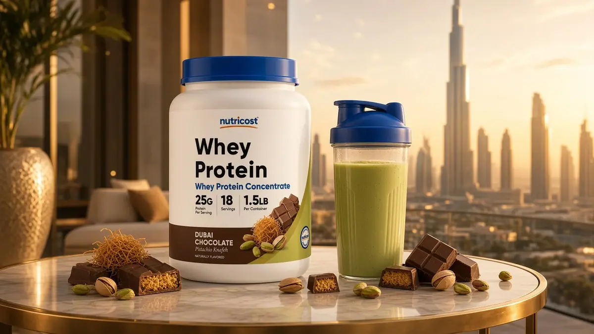 Dubai Chocolate pistachio knafeh whey protein styled on a marble table with a city skyline