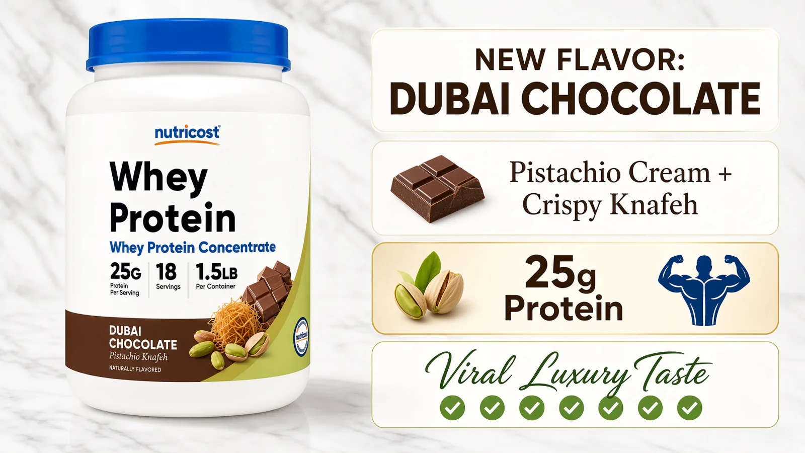 New flavor announcement card for Dubai Chocolate pistachio knafeh whey protein