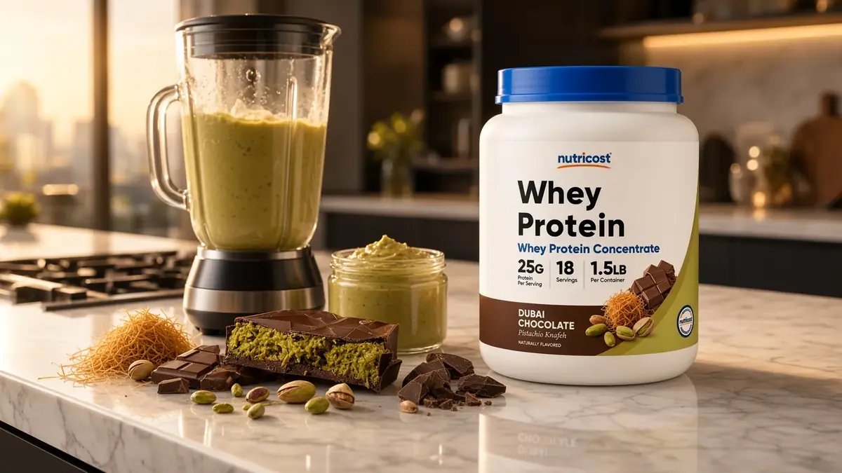 Dubai Chocolate whey protein styled with knafeh, pistachio cream and chocolate in a kitchen