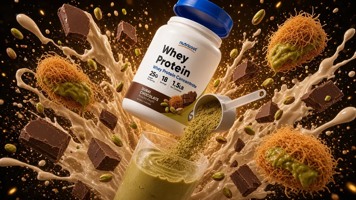 Dubai Chocolate whey protein in a pistachio and knafeh splash burst