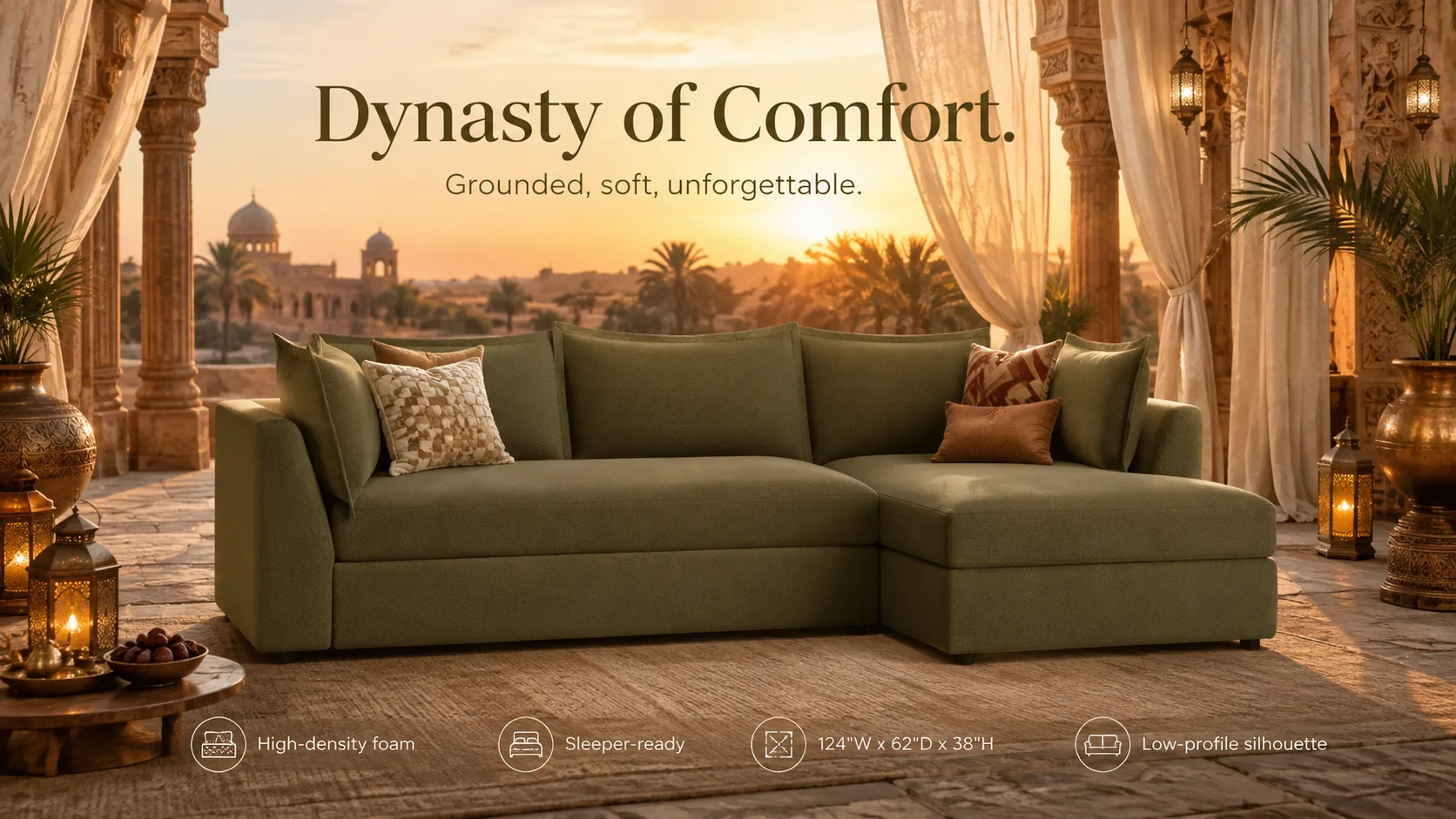 Wilder Sleeper Sectional in a desert palace pavilion at golden hour