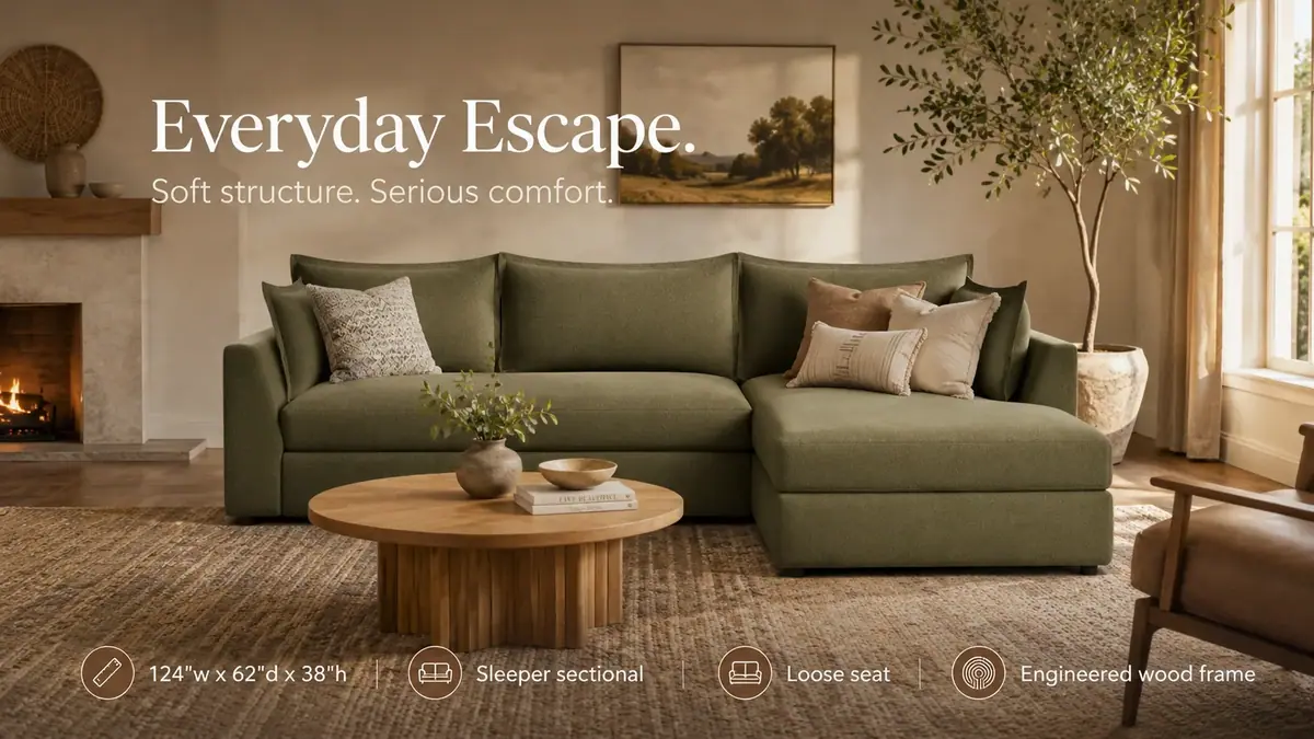 Wilder Sleeper Sectional by a fireplace with spec strip