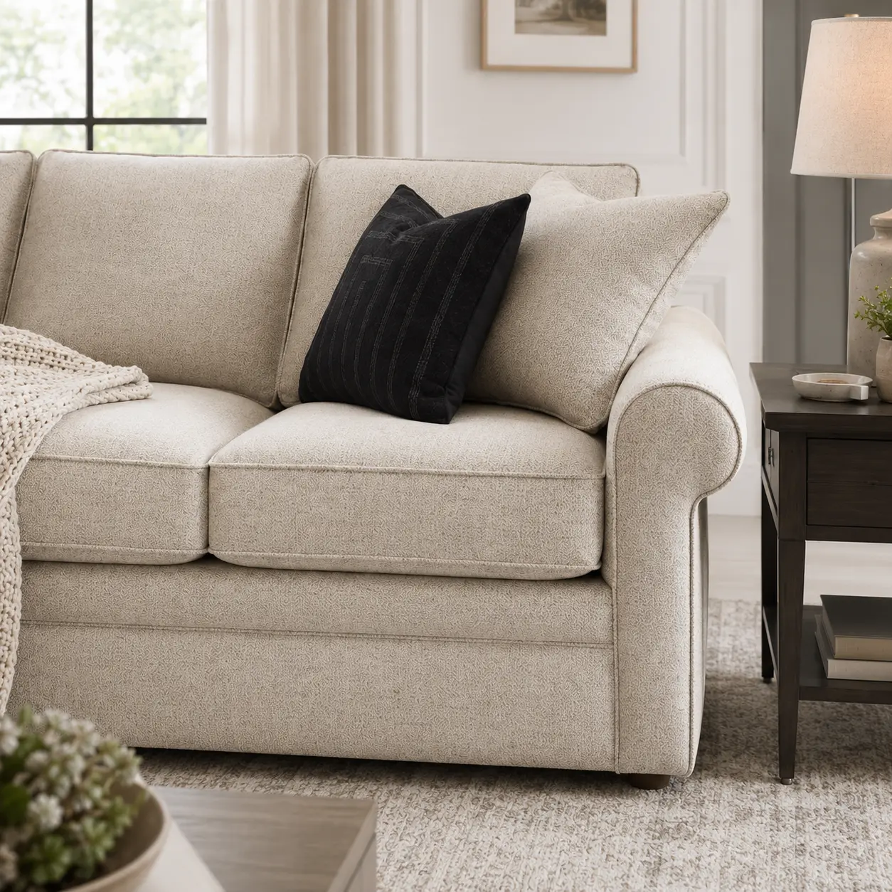 Close crop of the Collins sofa rolled arm and textured oatmeal upholstery