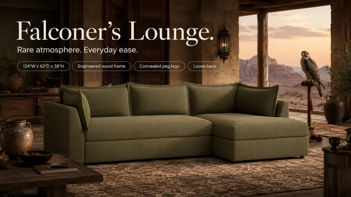 Wilder Sleeper Sectional in a desert stone lounge with a falcon