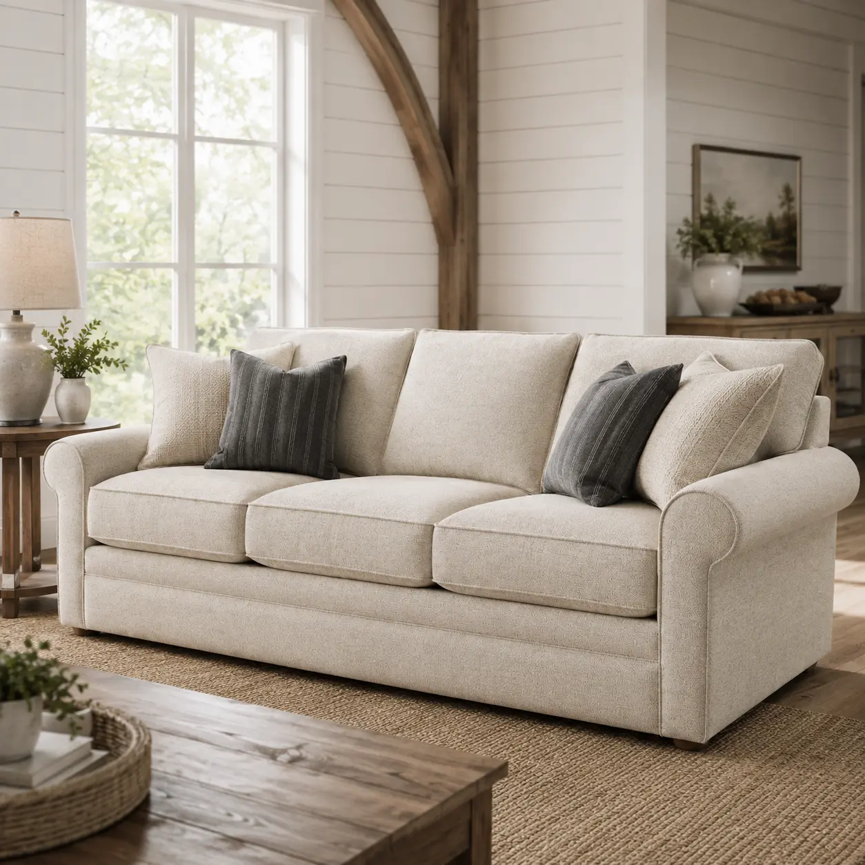 Collins sofa at a three-quarter angle in a shiplap farmhouse living room