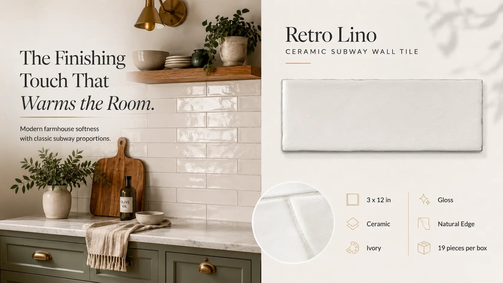Retro Lino subway tile kitchen backsplash with product spec panel