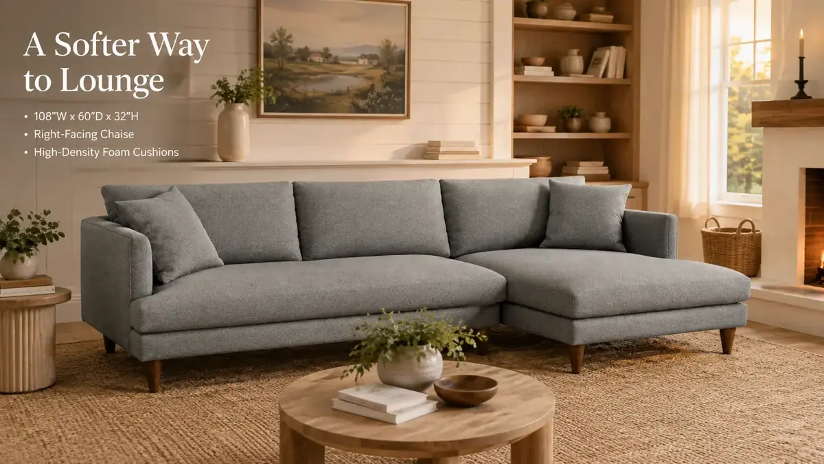 Lewis Sectional beside a fireplace