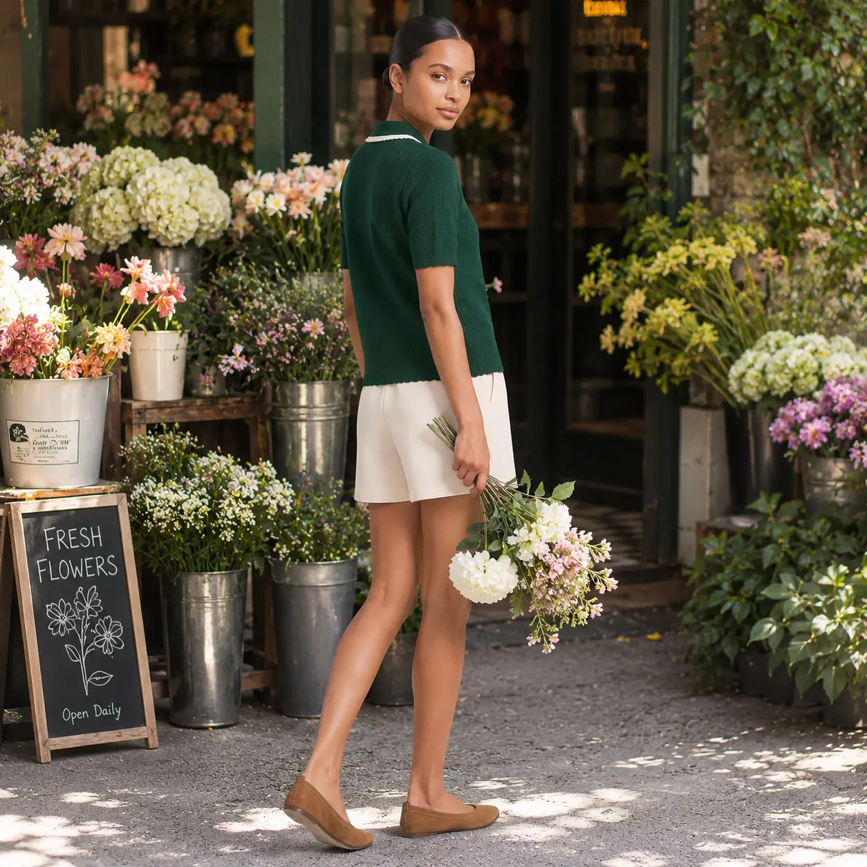 Model in a green scallop collar sweater outside a flower shop