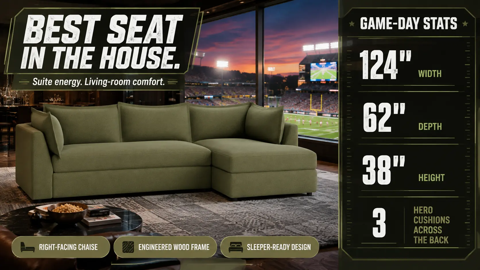 Wilder Sleeper Sectional in a stadium suite on game day