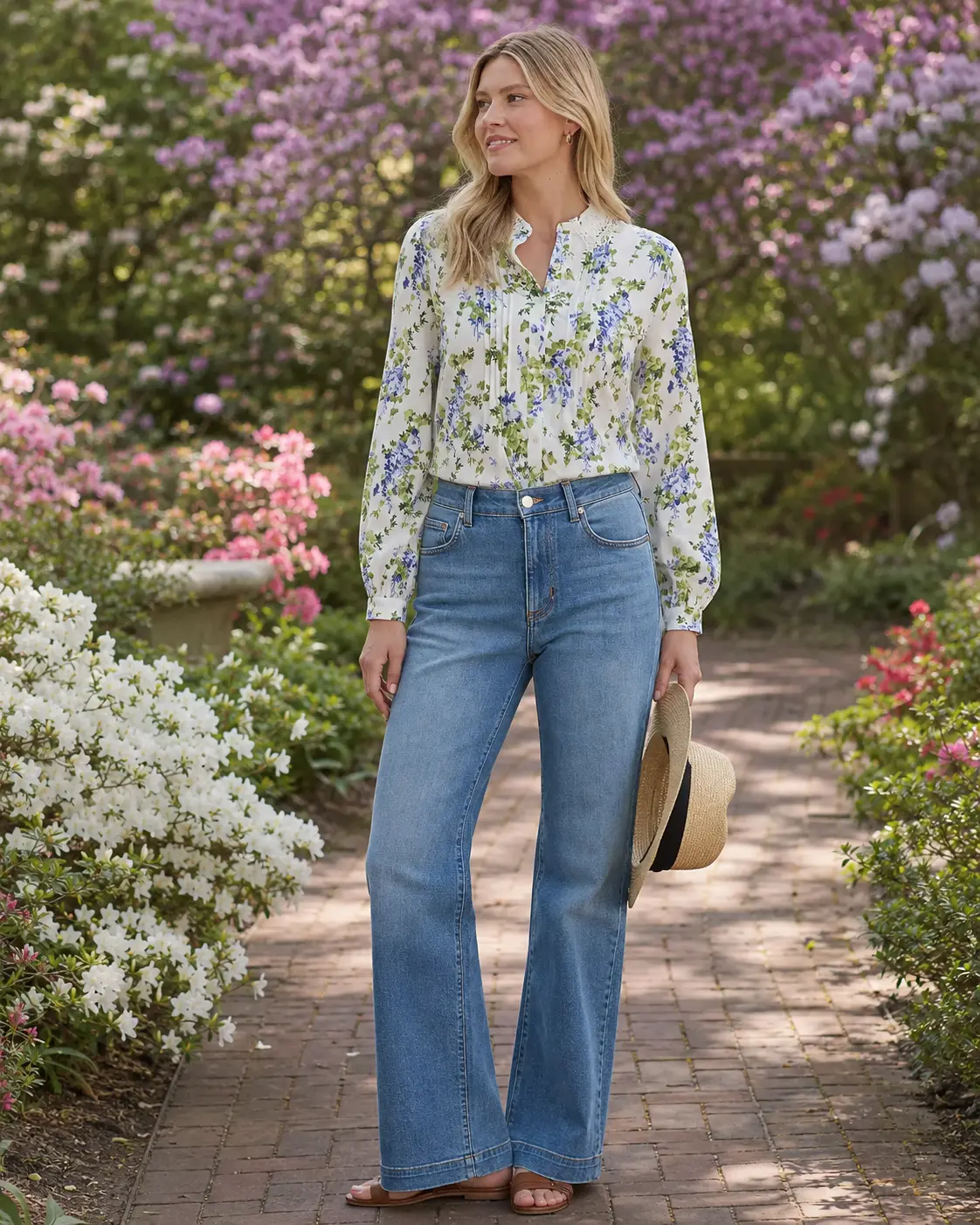 Model in a floral pintuck blouse on a blooming garden path