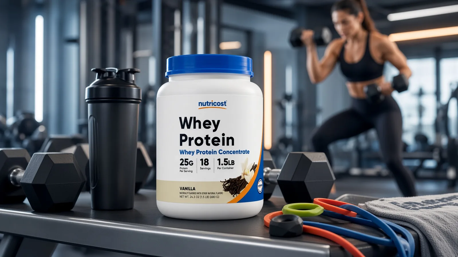 Whey protein and shaker on a gym bench