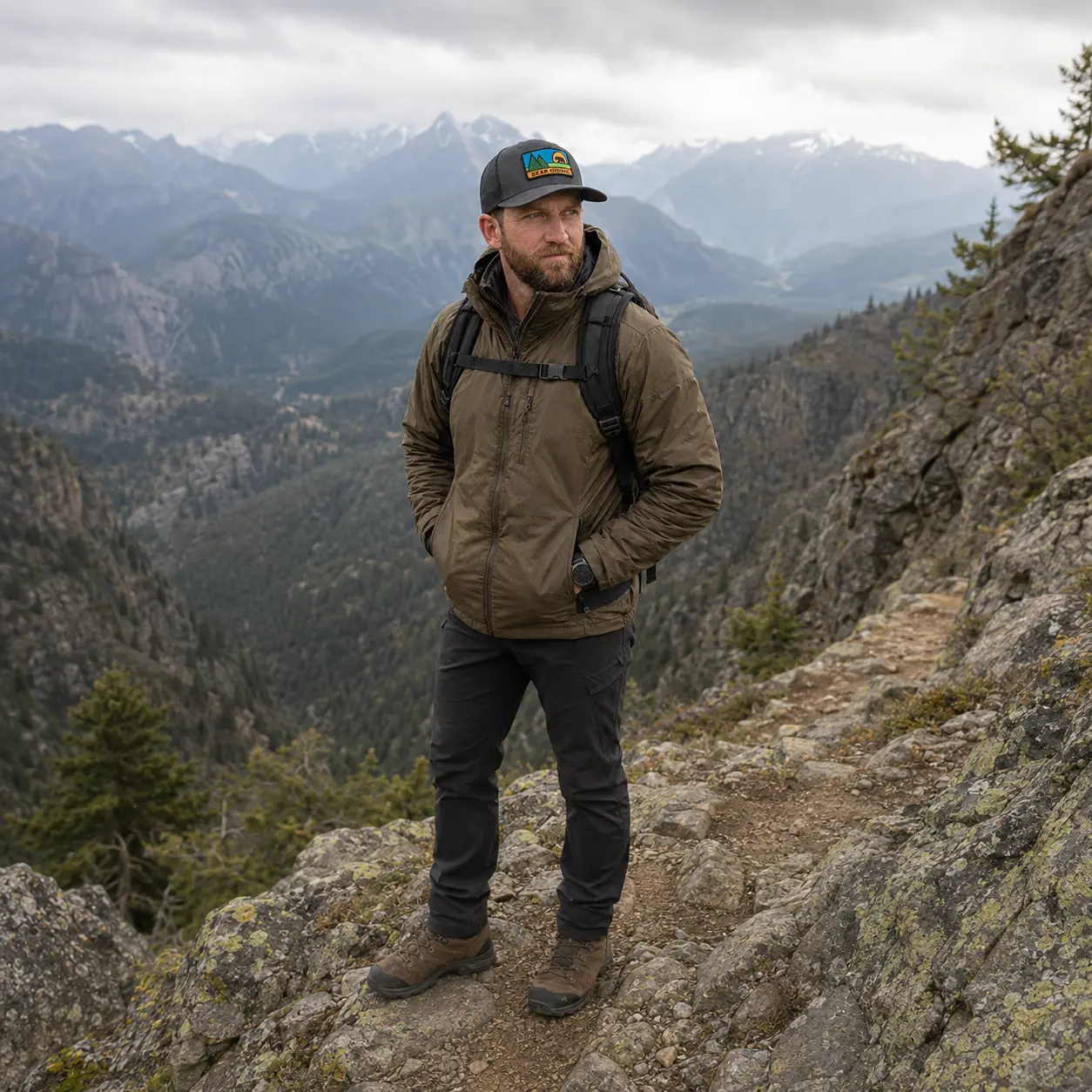 Full length shot of a model in the Bear Grease hat standing on a rocky ridgeline trail