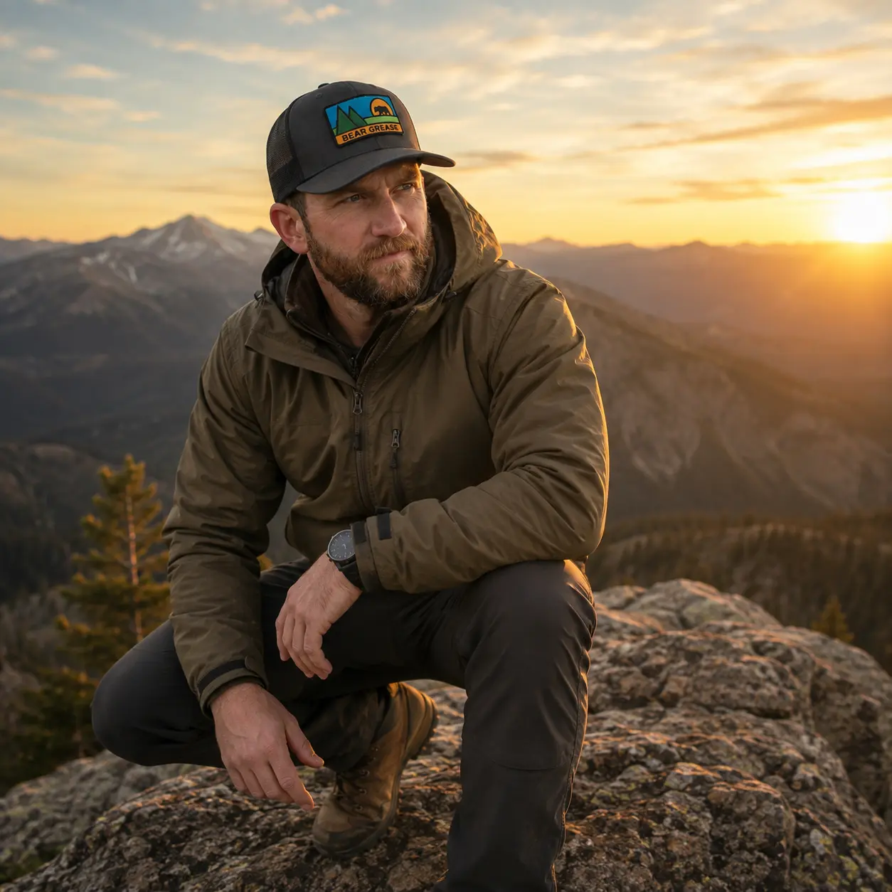 Model crouched on a summit rock at sunset wearing the Bear Grease trucker hat
