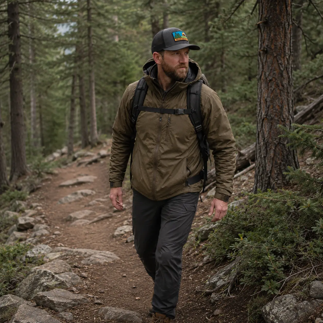 Model walking a pine forest trail in the Bear Grease trucker hat
