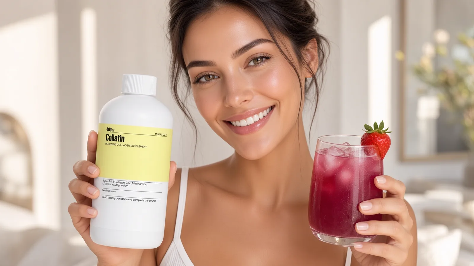 Woman holding a Collatin bottle and berry collagen drink