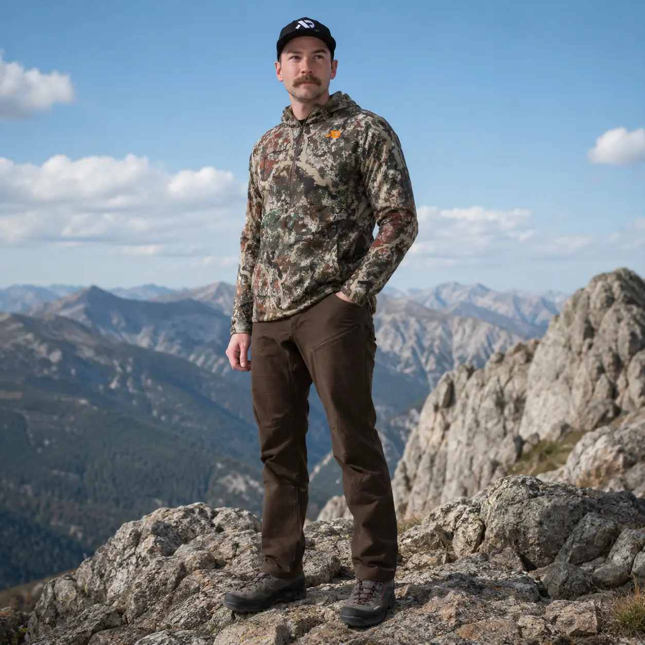 Model standing on a rocky ridgeline in the Navigator Hoody with alpine peaks behind