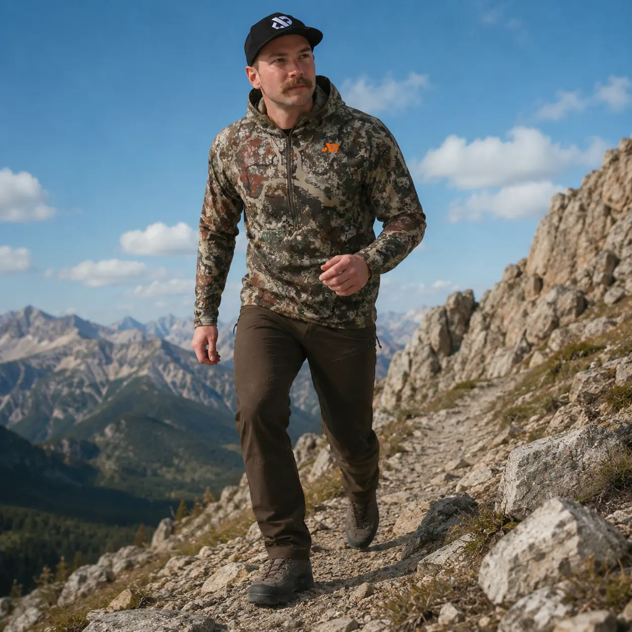 Model hiking up a rocky alpine trail in the Navigator Hoody