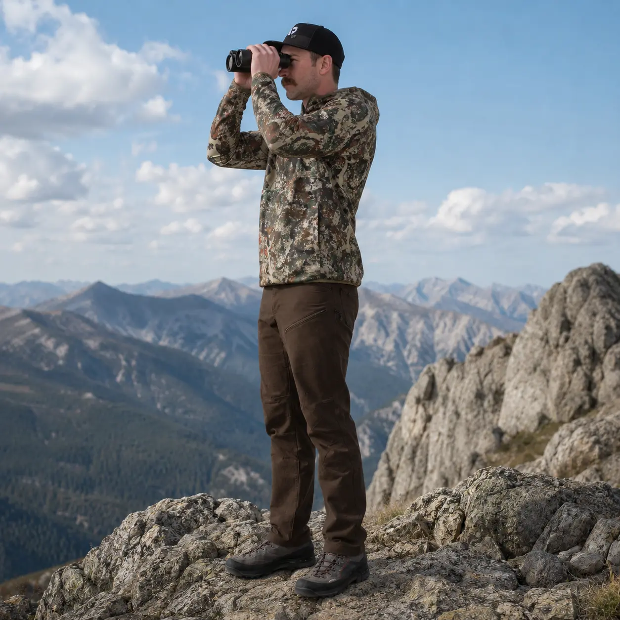 Model glassing with binoculars from a rocky summit in the Navigator Hoody