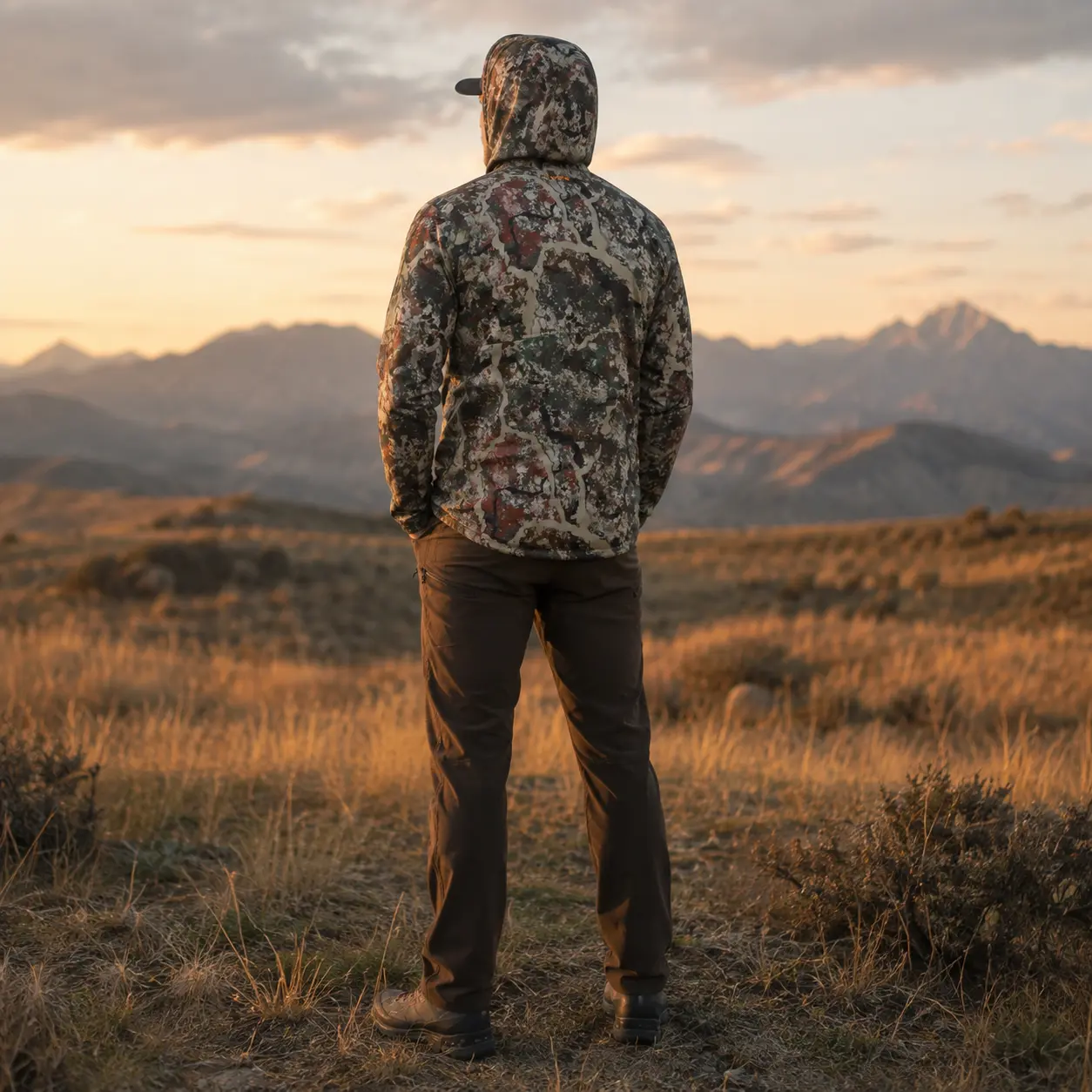 Back view of a model in the Navigator Hoody looking out over golden sagebrush at sunset