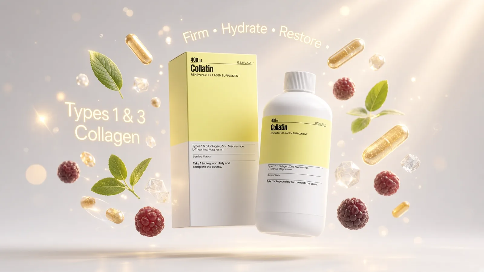 Collatin bottle and carton surrounded by berries, botanicals and capsules
