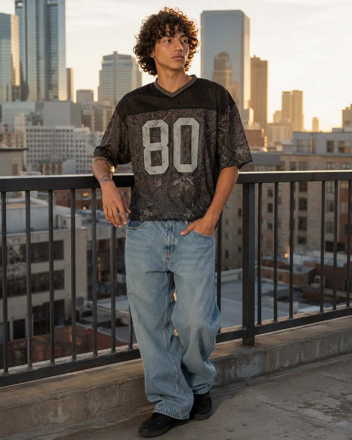 Man in a mesh jersey on a rooftop with a city skyline behind him