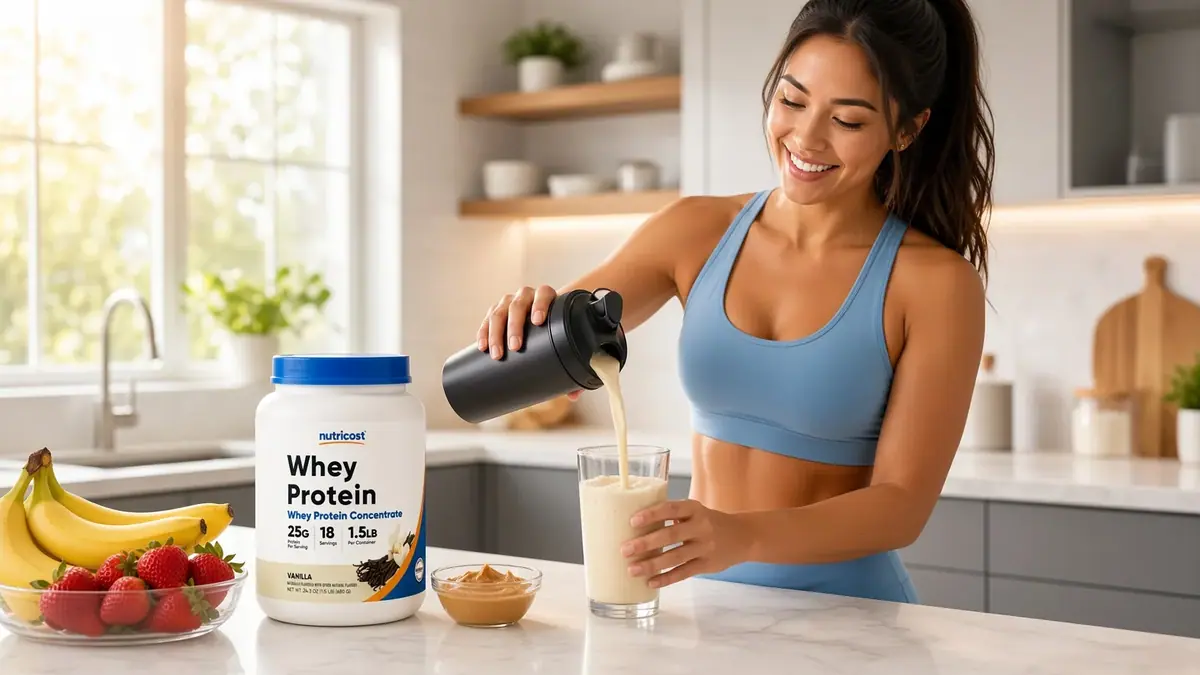 Pouring a shake in a bright kitchen