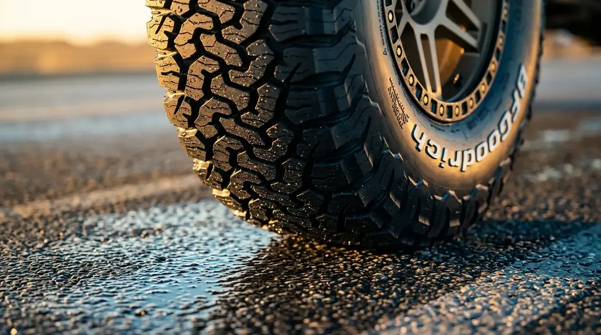 BFGoodrich All-Terrain T/A KO3 tread close-up on wet pavement