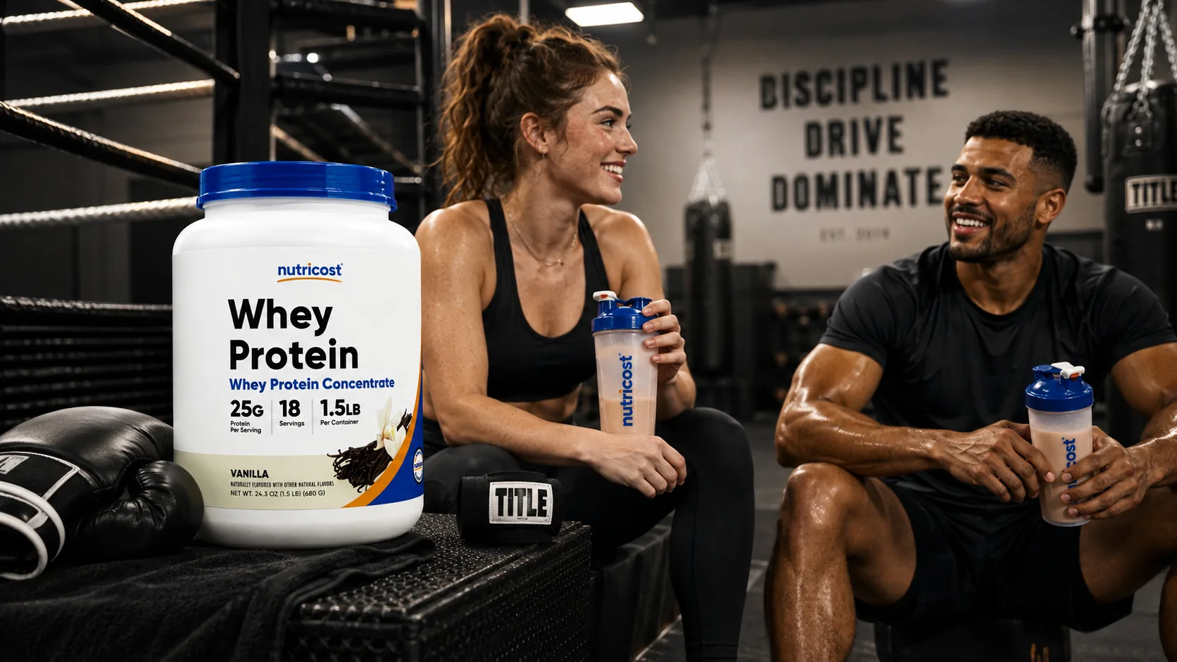 Two athletes resting with Nutricost shakers in a boxing gym