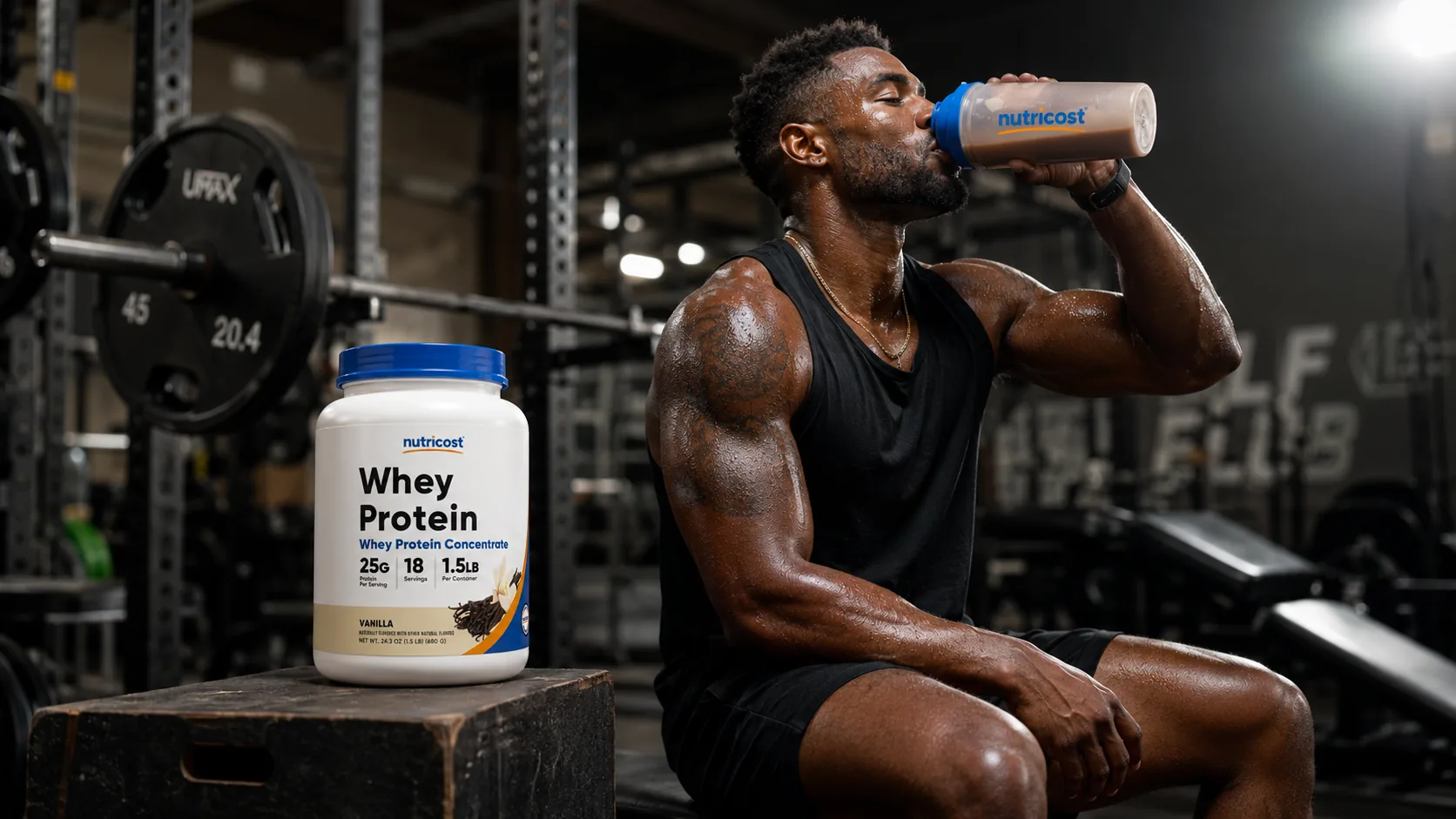 Athlete drinking a Nutricost shake after lifting in a warehouse gym