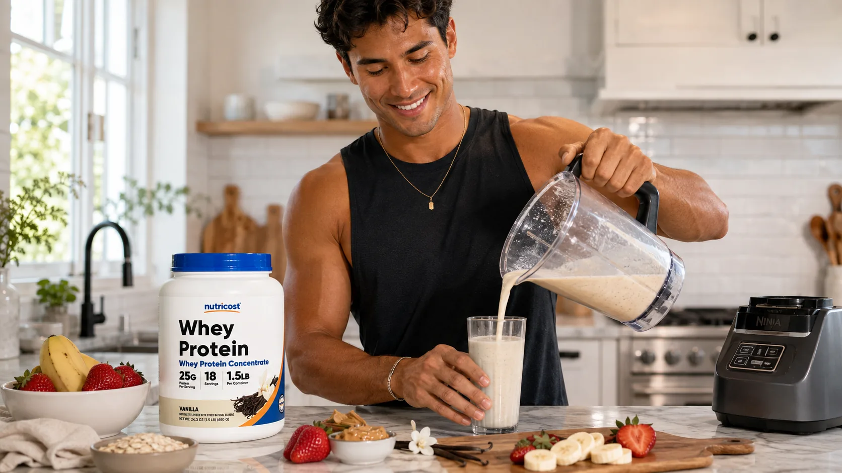 Athlete pouring a blended vanilla whey shake in a bright kitchen