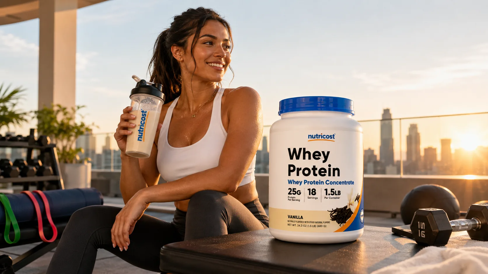 Athlete with a Nutricost shaker on a rooftop gym at sunset