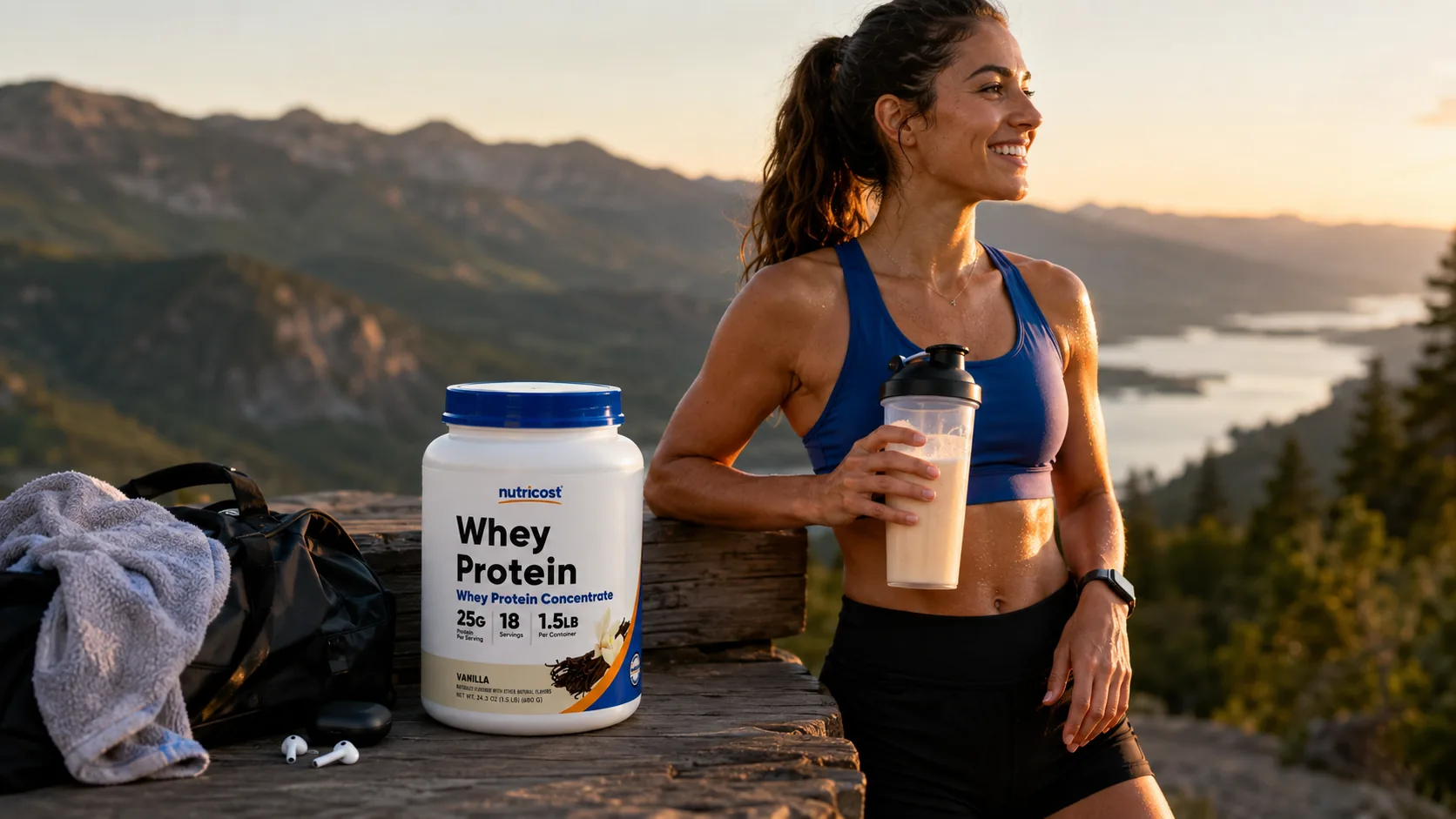 Hiker with a Nutricost shaker at a mountain overlook at sunset