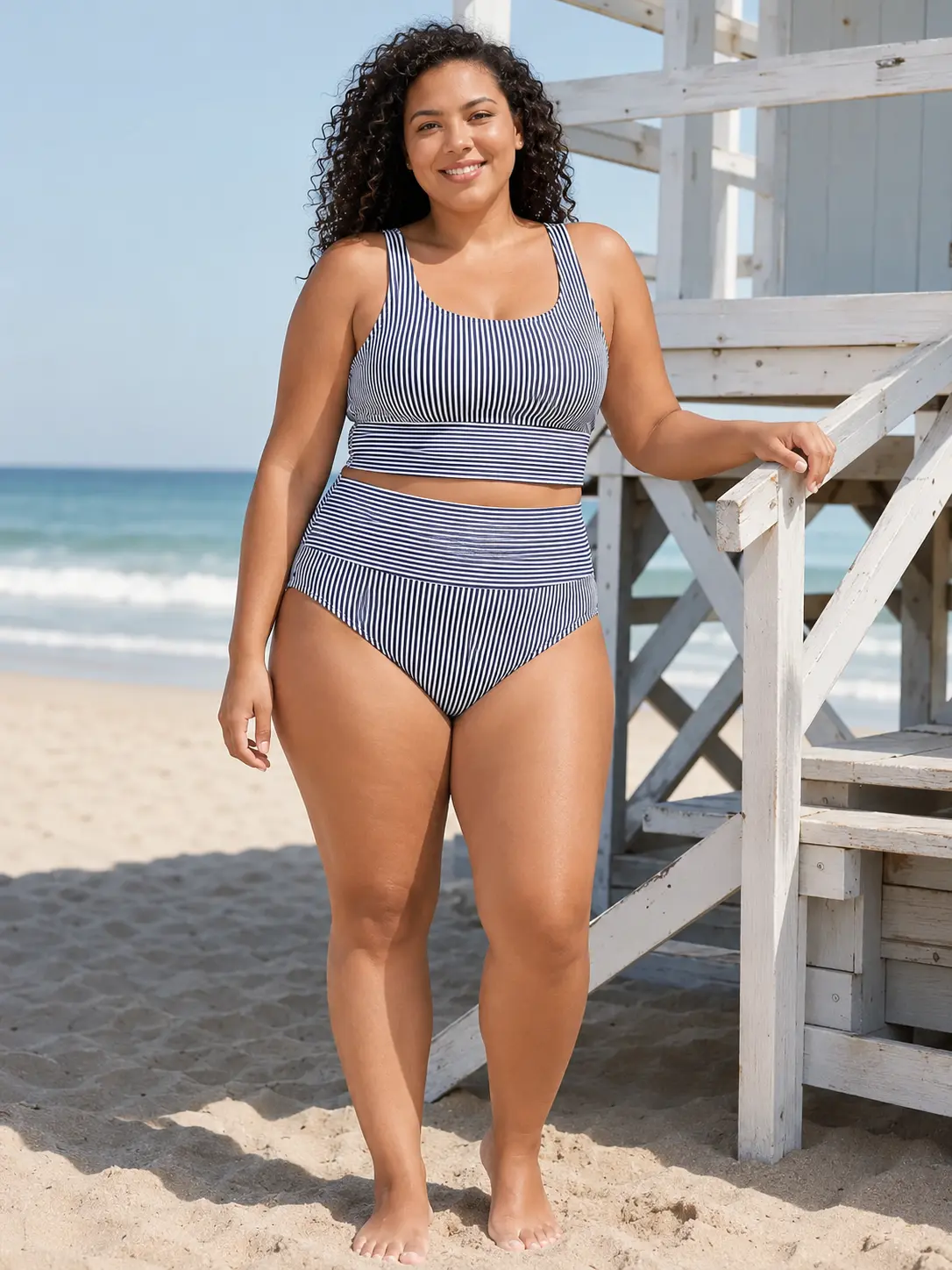 Model beside a white lifeguard stand on the sand in a navy striped swimsuit set