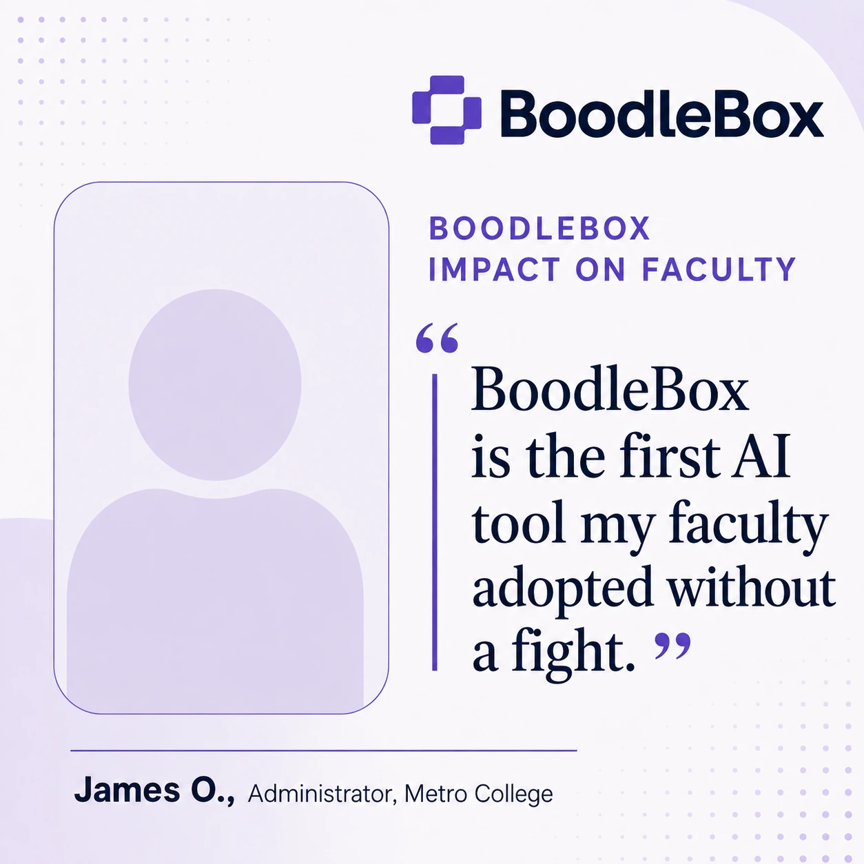 Light square social card quoting an administrator on faculty adoption of BoodleBox