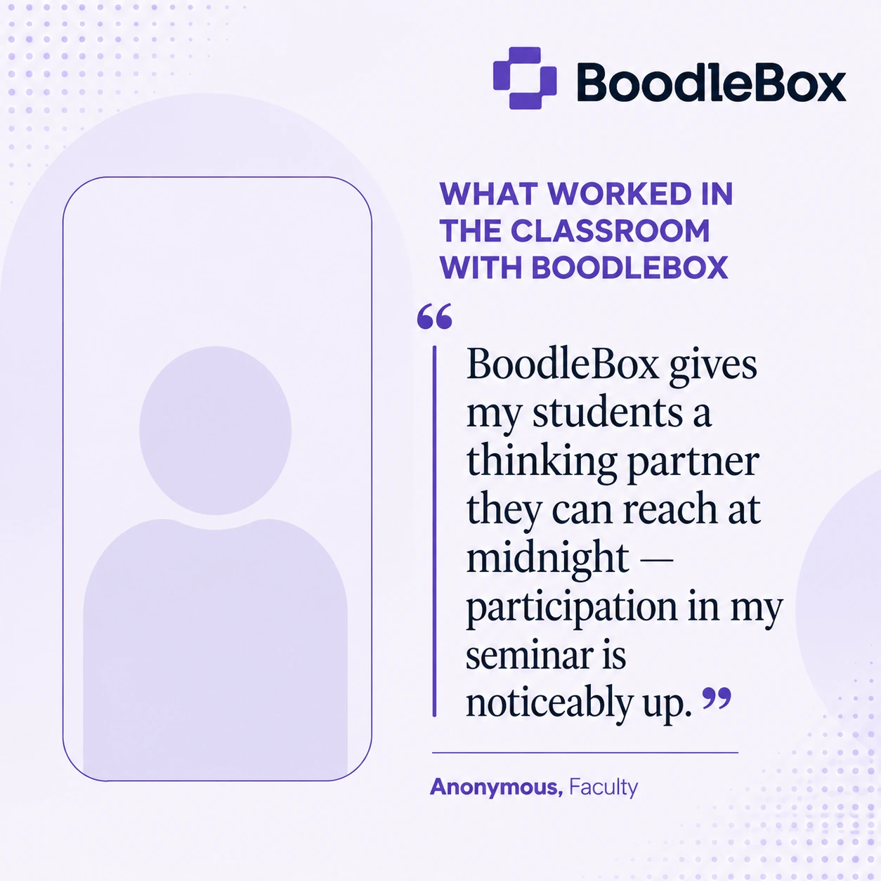 Light square card quoting faculty on students having a thinking partner at midnight