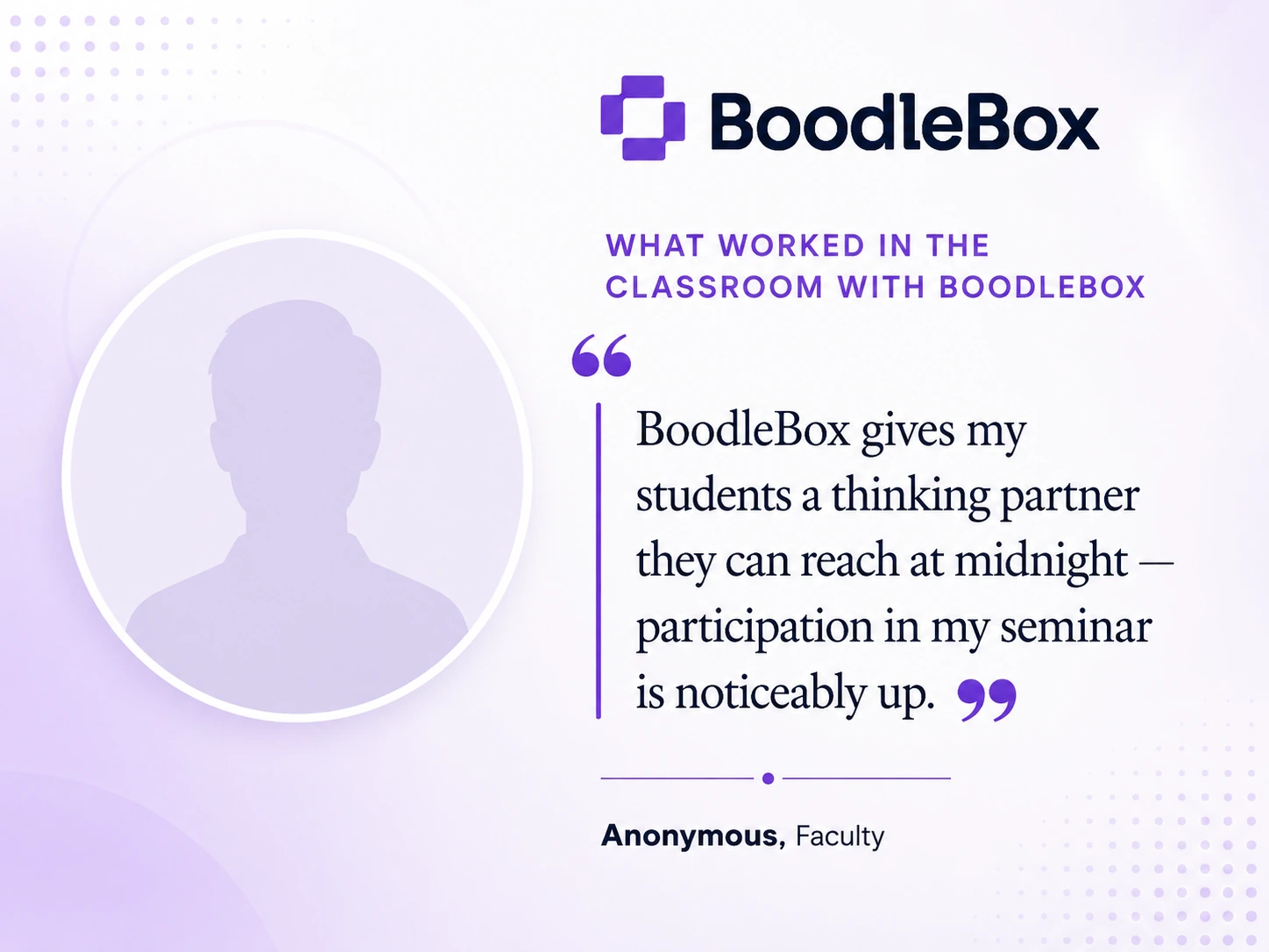 Light widescreen card quoting faculty on students having a thinking partner at midnight