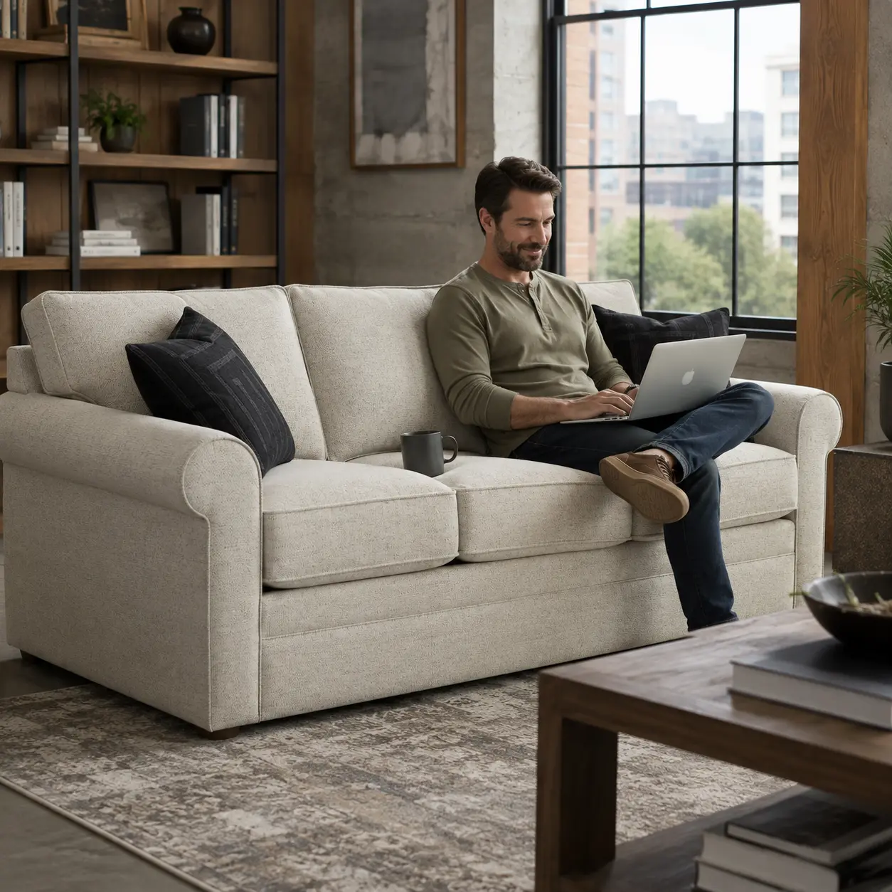 Man working on a laptop on the Collins sofa in an industrial loft