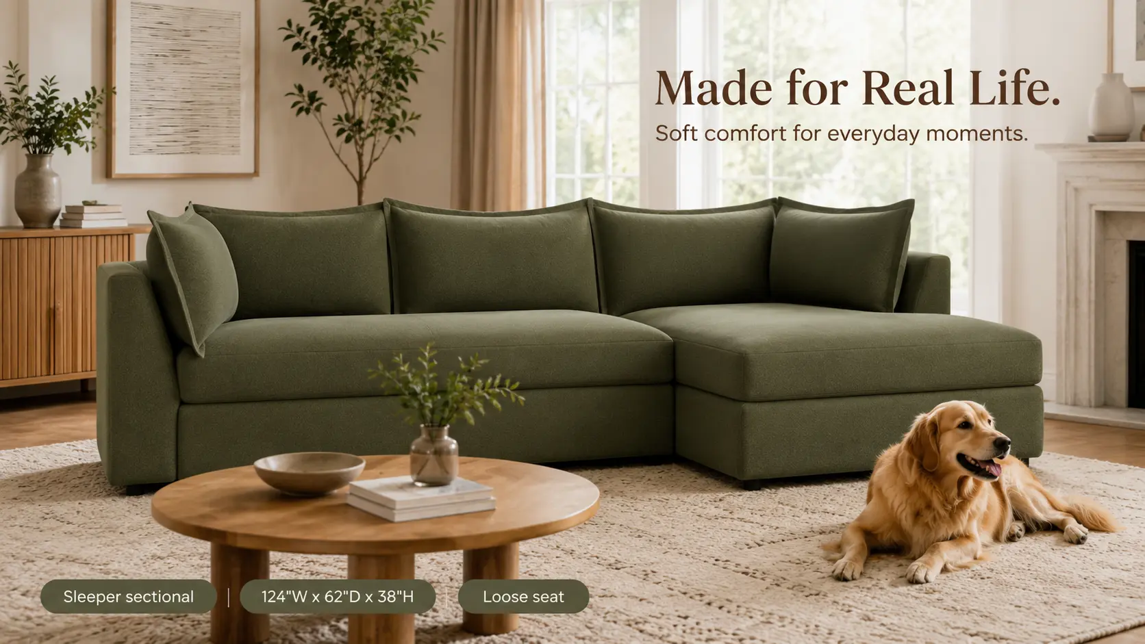 Wilder Sleeper Sectional in a family living room with a golden retriever