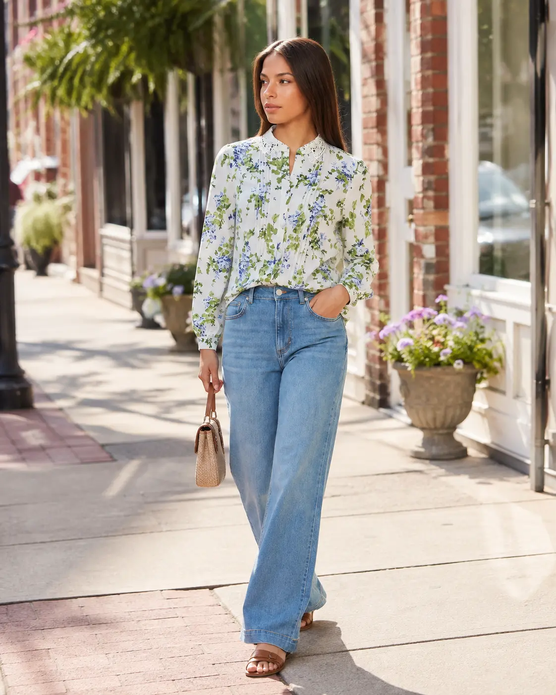 Model in a floral pintuck blouse walking a sunlit main street