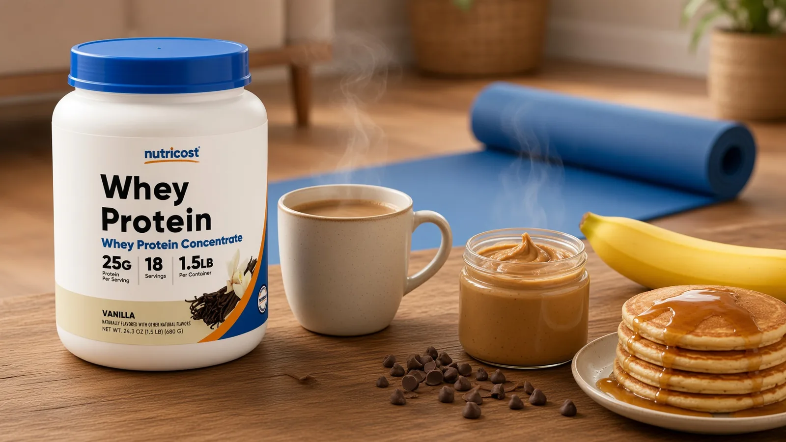 Whey protein styled with coffee, pancakes and peanut butter